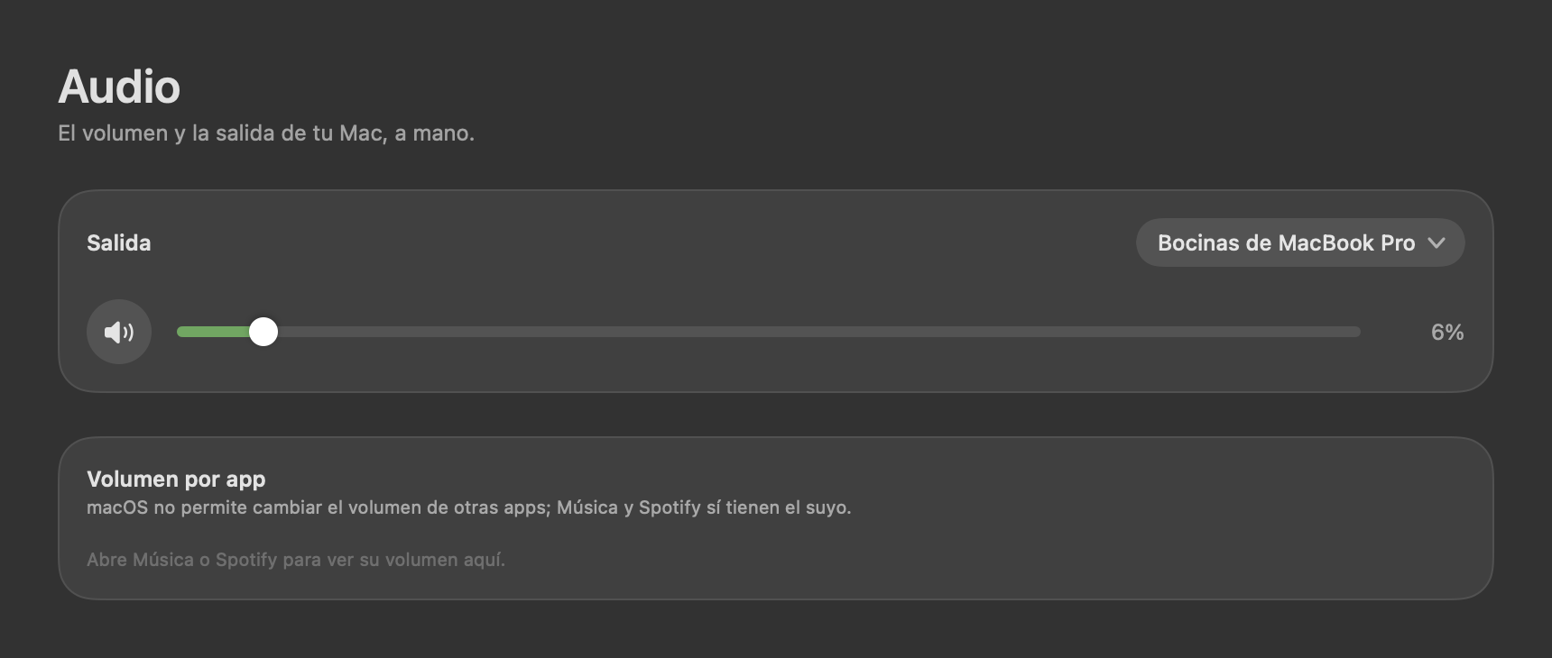 La página Audio con la salida y el volumen