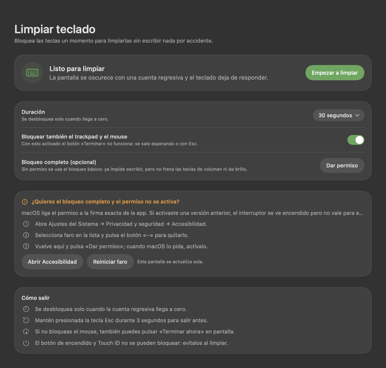 La página Limpiar teclado con duración y modos de bloqueo