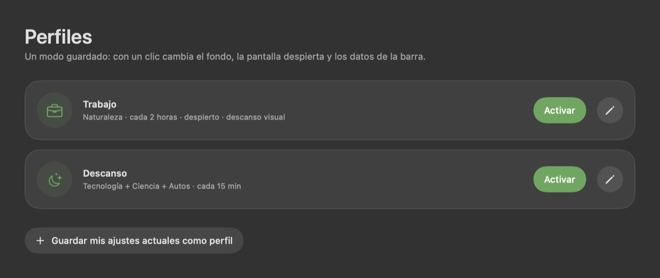 La página Perfiles con los modos Trabajo y Descanso