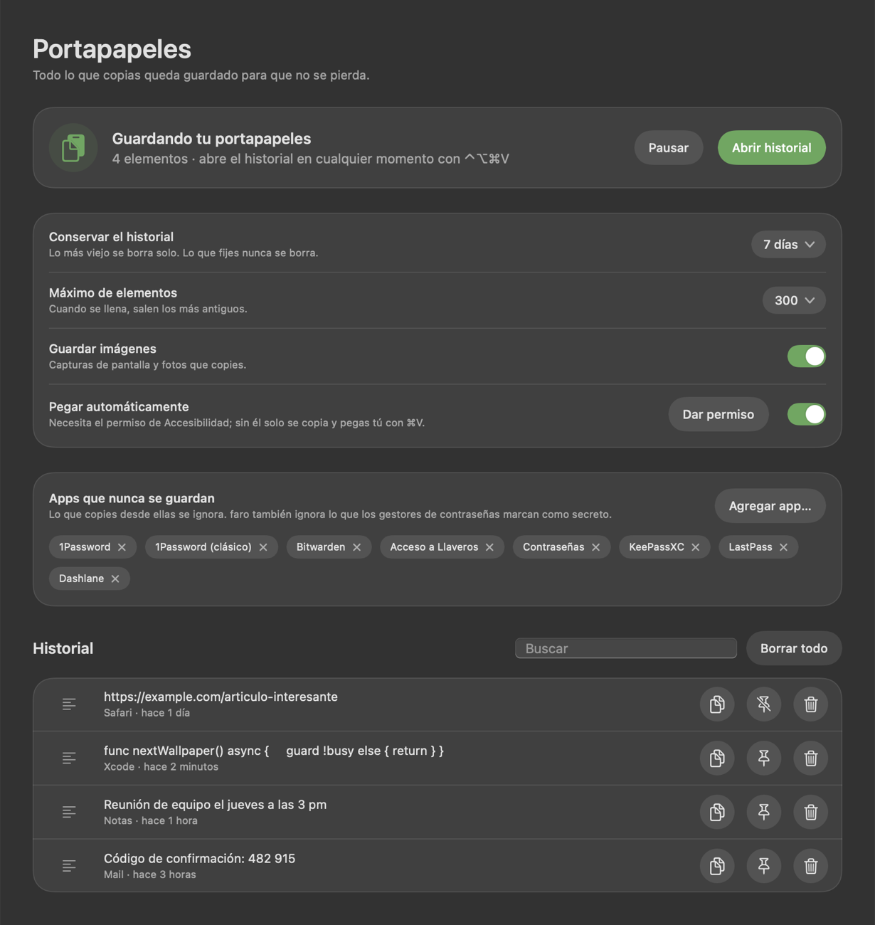 La página Portapapeles con ajustes de privacidad e historial